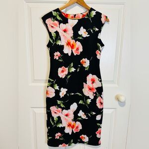 Vince Camuto Black Midi Dress with Pink Floral Pattern